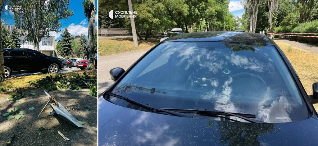 Уламки безпілотника і пошкоджене авто